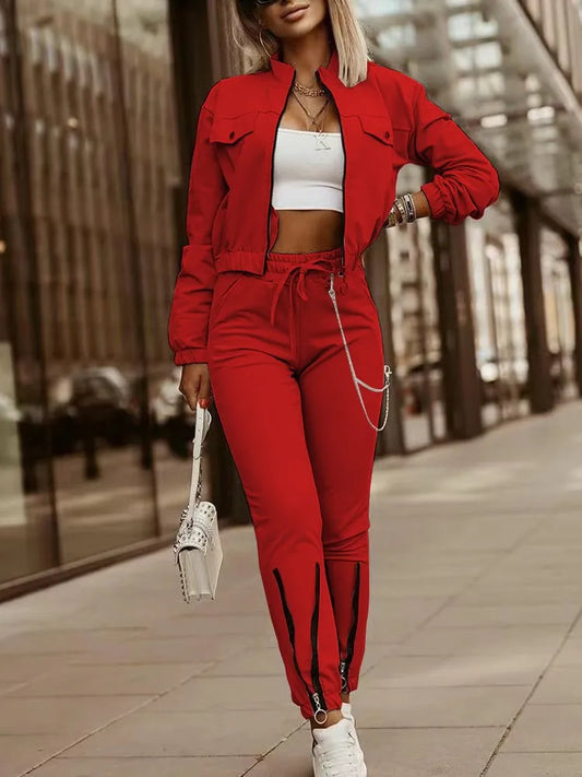 Autumn Women's New Zipper Short Long Sleeve Suit Solid Color Fashion Lace Up Casual Sports Small Foot Pants Female 2 Piece Set