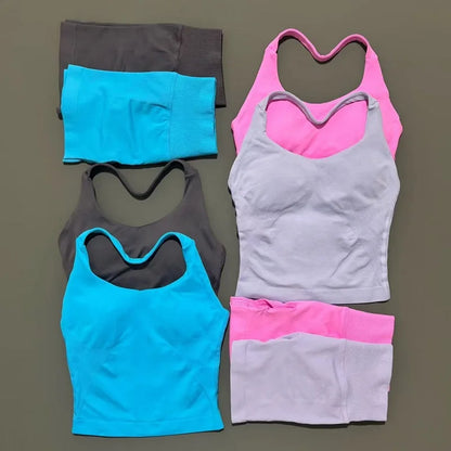 2 Pieces Shorts Yoga Set Women Backless Halter Tops High Waist Seamless Shorts Gym Suit Fitness Sportswear Workout Sets