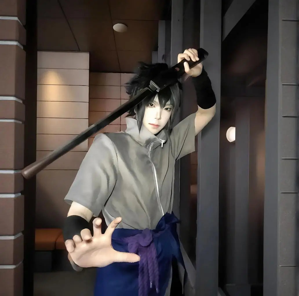 Uchiha Sasuke Cosplay Costume Set - Anime Hokage Shippuden Third Generation Gray Top Suit Wig for Halloween