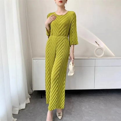 2026 Spring New Women Handmade Pleated Pants Set Comfortable Casual Seven Sleeve T-Shirt Top Loose Wide Leg Pants 2 Piece Set