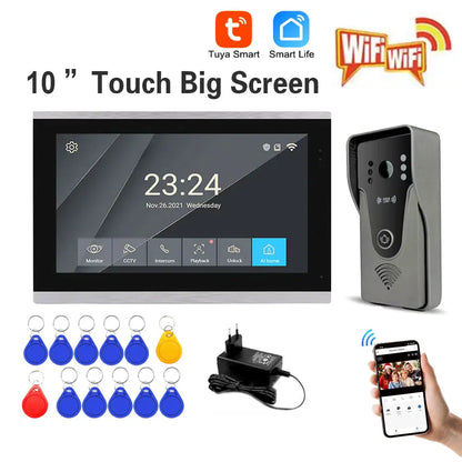 Tuya 1080P 10 Inch Color Touch Screen Wireless WiFi Video Doorbell Smart APP Home Intercom Kit for RFID Access Control System