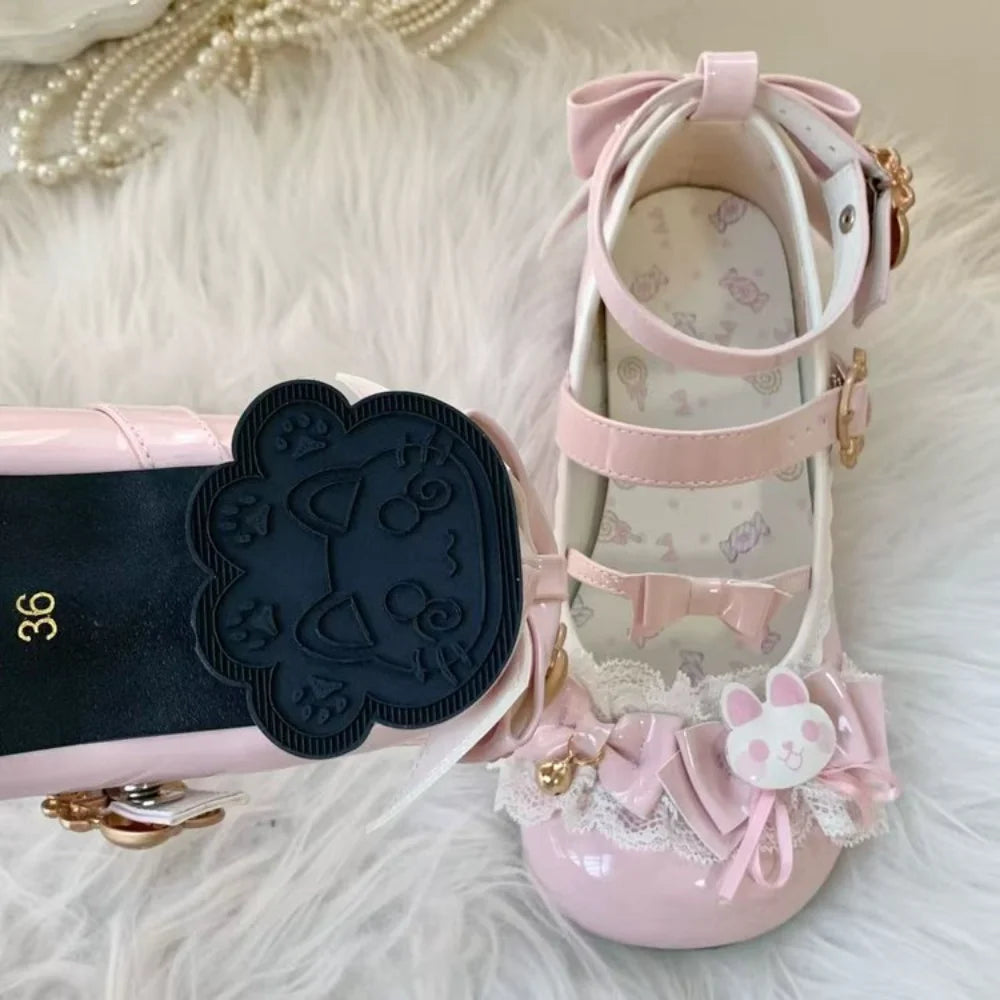 Cute Lolita Mary Jane Heels with Bunny Bows Lace and Bells for Cosplay and Tea Parties