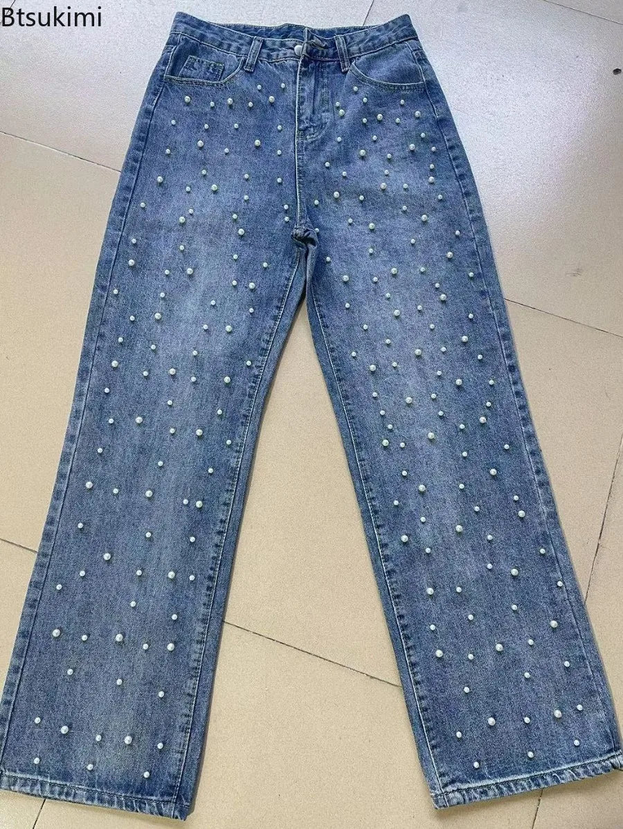 Beaded High-Waist Straight Jeans | Elegant Splice Denim | Women's Casual Streetwear Pants