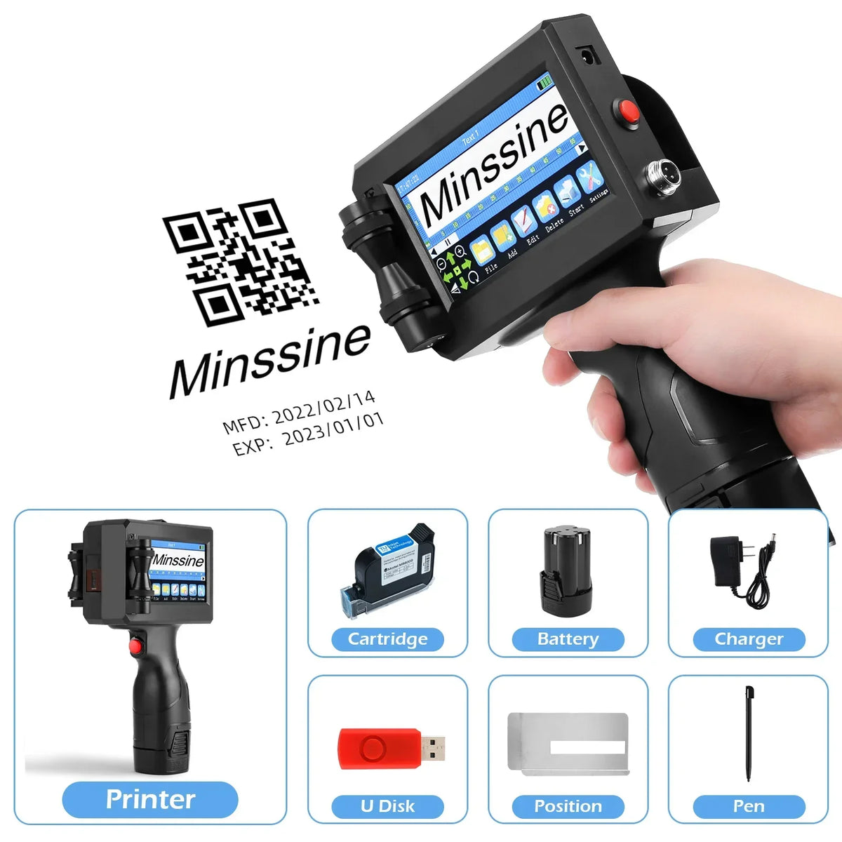 12.7/25.4mm Handheld Inkjet Printer for QR Barcode Batch Date Number Logo Expiry Date Coding Machine Non-encrypted 25 Languages