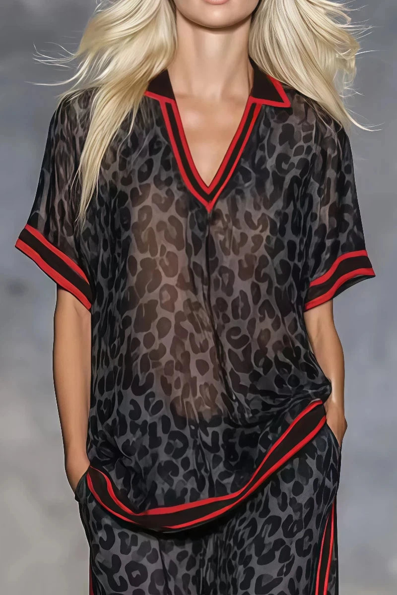 Women Leopard Print Two Piece Set Summer Casual Stripe V-Neck Short-sleeved Top & Wide Leg Pants Red Trim Casual Vacation Outfit