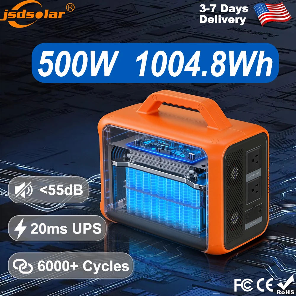 Jsdsolar 500W Portable Solar Powered Bank Charger Kit 1004.8WH Solar LiFePO4 Battery Power Station Support Solar Panel Charger for Car RV Boat Motorcycle Camping Outdoor 6000+ Cycles Energy Supply Generator 20ms UPS