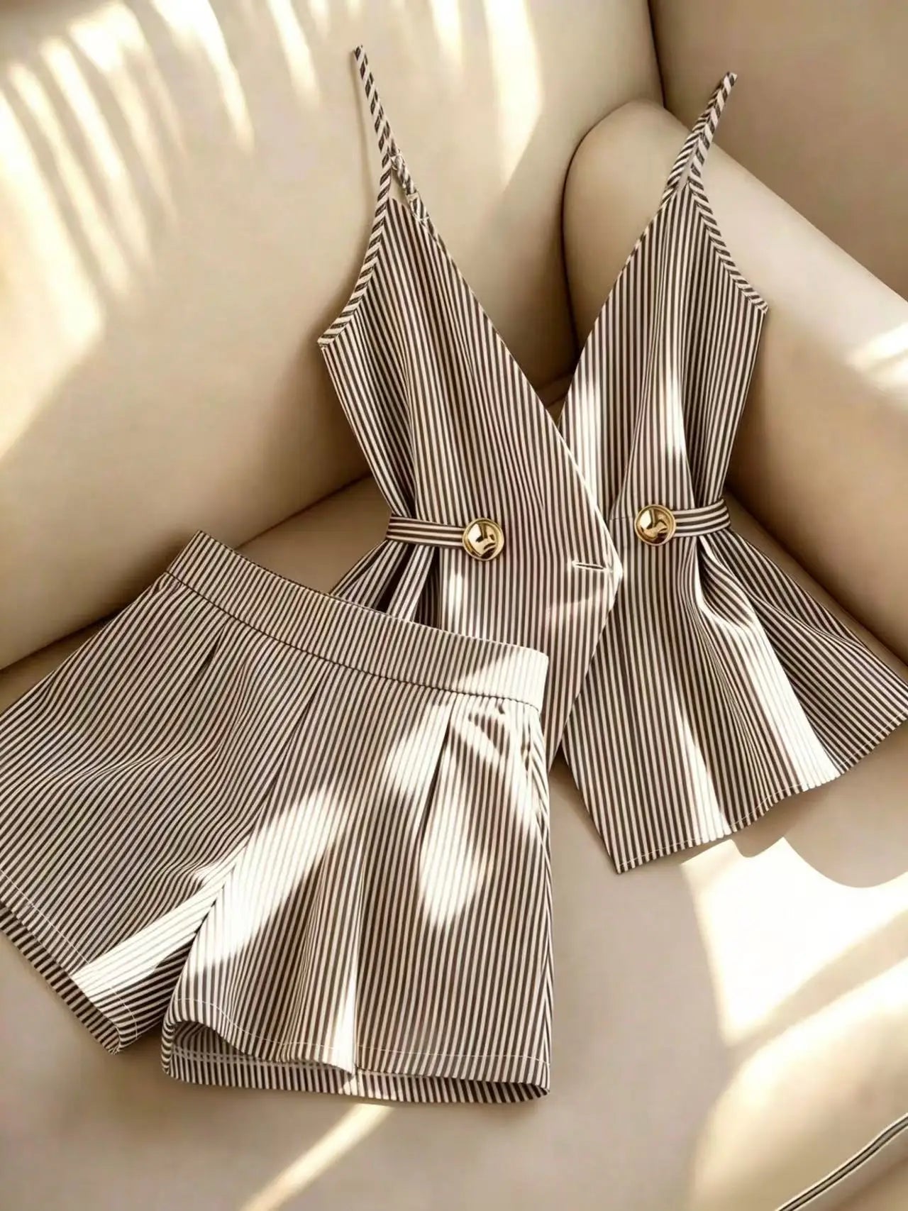Women Striped 2 Piece Set V-neck Top Lace Up High Waist Pleated Wide Leg Shorts Summer Fashion Office Ladies Commuting Outfit