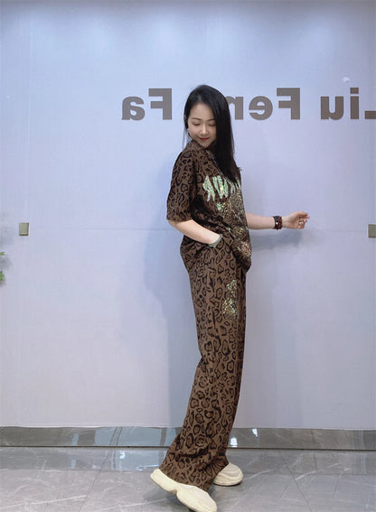 Cartoon Bear Leopard Print Wide Leg Pant 2 Pieces Sets Woman Outfits 2025 Summer Casual Short Sleeve T Shirt Matching Sets Stree