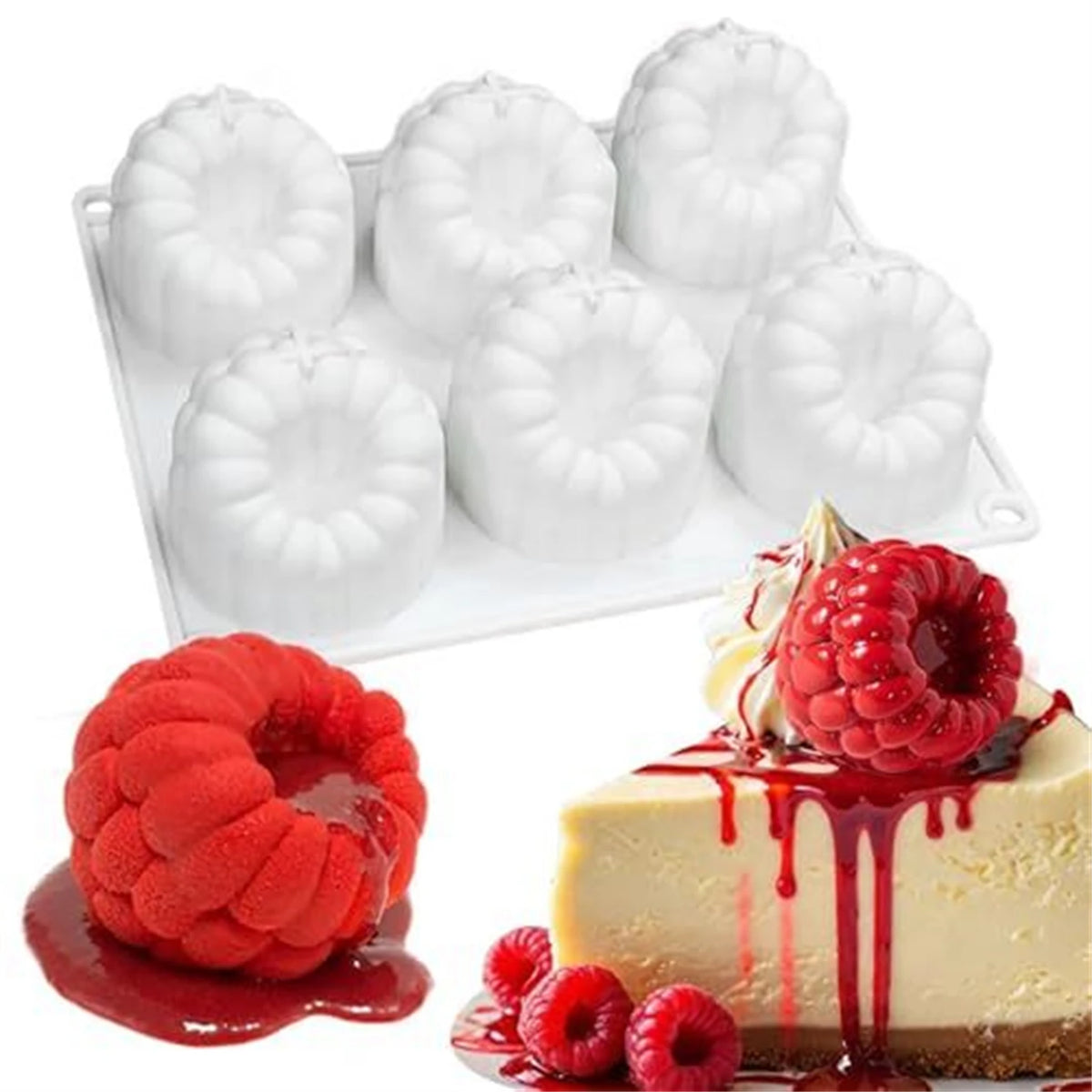 6-Cavity Raspberry Silicone Dessert Mold, Food Grade Chocolate Mousse Cake Baking Mold, Flexible Mold for Candy, Jelly&Ice Cube