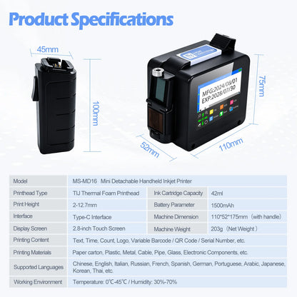 Mini Detachable Handheld Inkjet Printer MD16 Portable Compact Wireless Printing Device for Photos And Documents