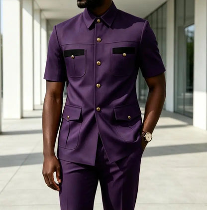 Luxury Men Suit Short Sleeves Safari Suit 2 Pieces Black Contrast Pockets Gold Button Business Wedding Party Casual Blazer Pants
