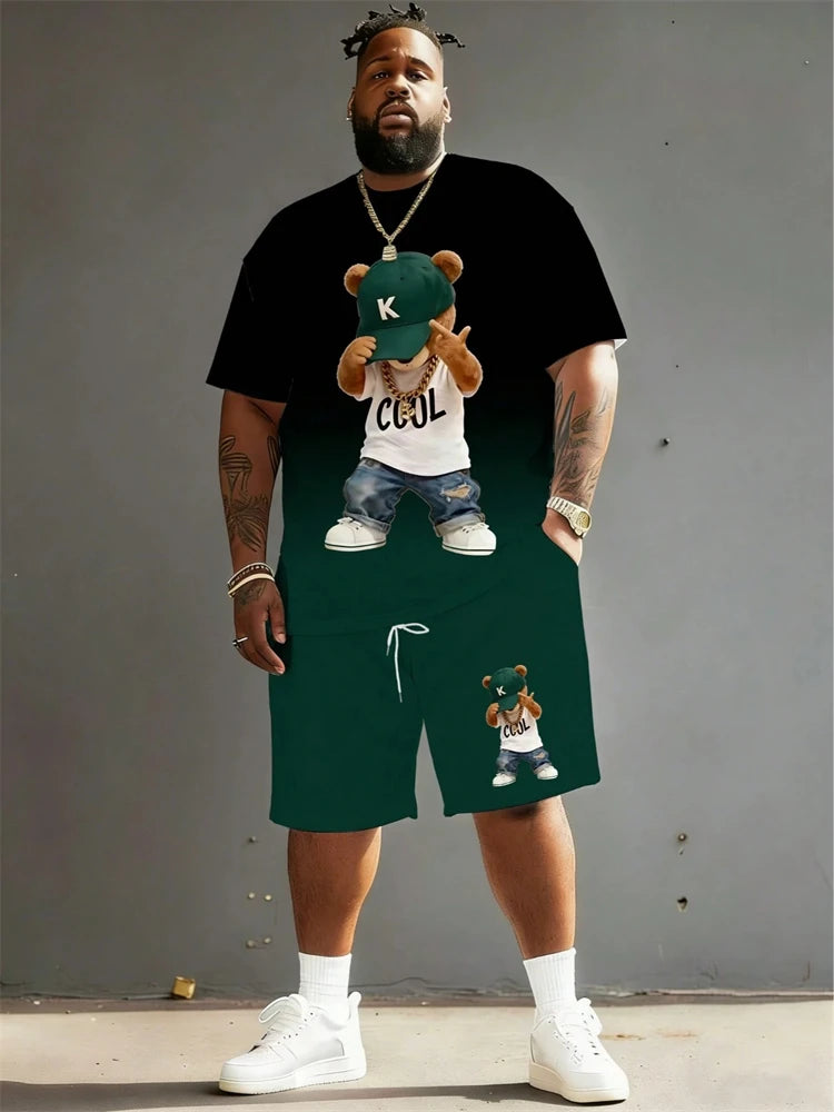 2026 Summer Men 2-Piece Set Fun Cartoon Bear Print Short-Sleeve T-Shirt and Shorts Set Sporty Style Plus Size Fashionable Outfit