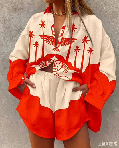 Summer Fashion Print Beach Holiday 2-Piece Set Women Long Sleeve Shirt Top+Wide Legs Short Women Oversized Two-Piece Outfit