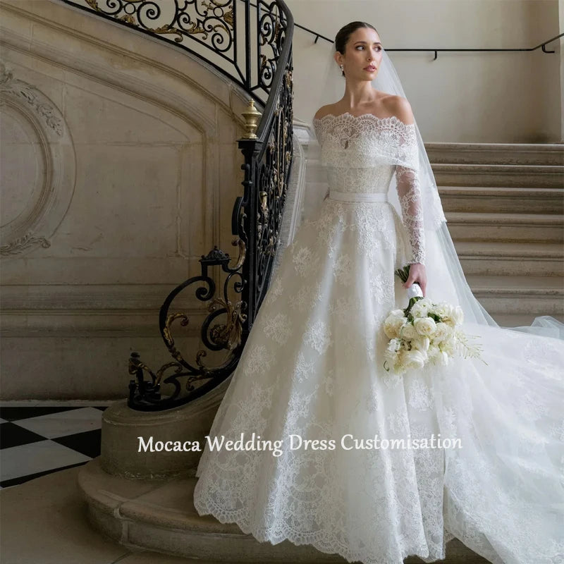 Mocaca Customized White Off the Shoulder Wedding Dresses Lace Long Sleeves Elegant Court Train Bridal Gowns A-Line Wedding Gowns