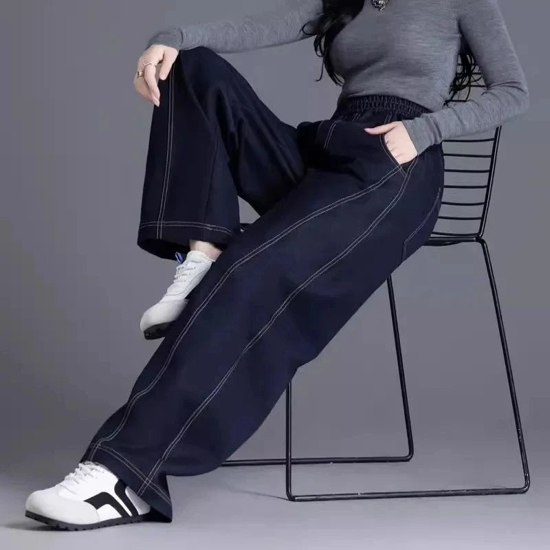 Elastic waist Wide leg Jeans Women's 2026 New Spring Autumn Loose High waist Sickle Shaped Knife Pants Female Casual Denim Pants