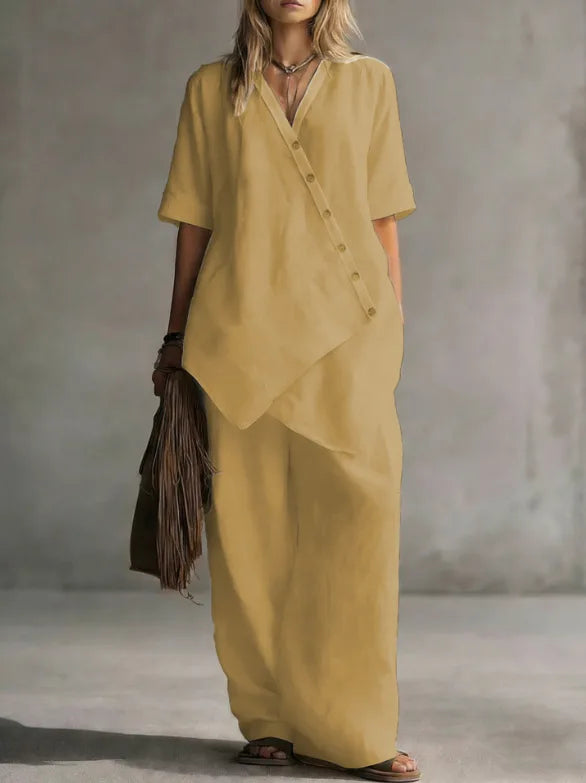 2026 Women's Fashion Casual Solid Color V-Neck Loose Short Sleeve Top and Cardigan with Long Pants Two-Piece Set