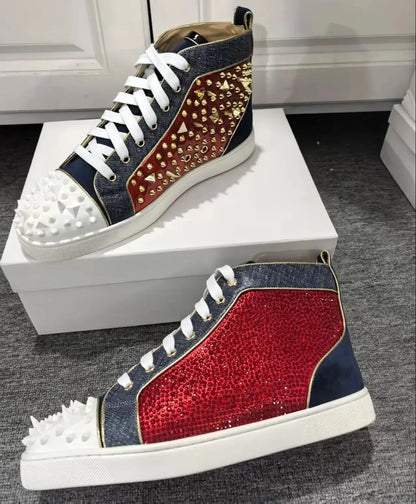 Red Rhinestones Gold Metal Rivets Men's Casual Sports Shoes Round Toe Lace-Up Thick Flat Sole High-Top Sneakers Male Patchwork