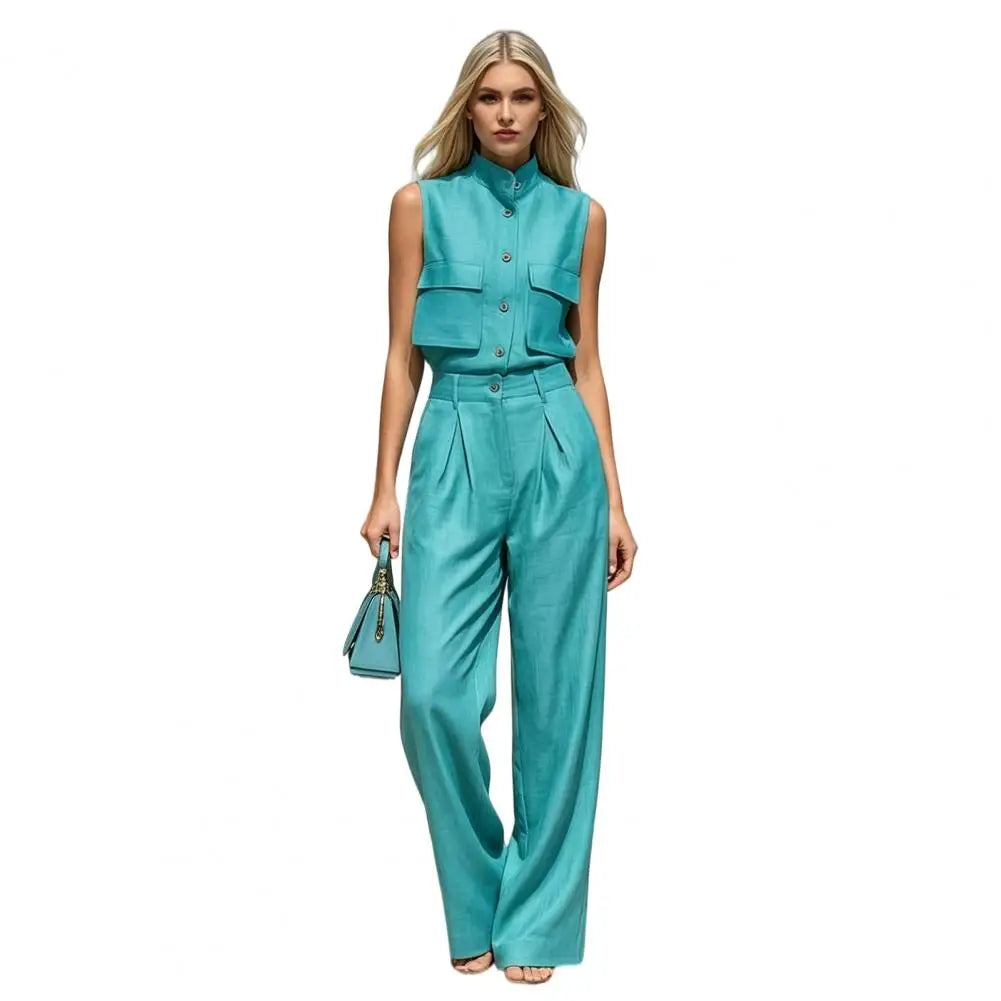 Elegant Sleeveless 2 Piece Sets Sleeveless Shirt Two Piece Outfit Stand Collar Pocket Blouse High Waisted Wide Leg Pants Sets