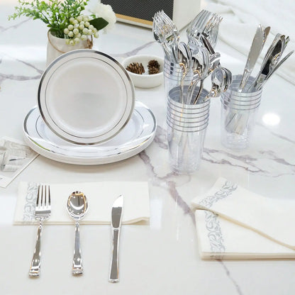 Disposable Dinnerware Set Elegant Luxury White Gold Rim Plastic Plates Gold Cutlery Cups Napkins 350 Pcs Serves 50 Guests Heavy Duty Party Tableware Set For Wedding Birthday Party Catering Showe