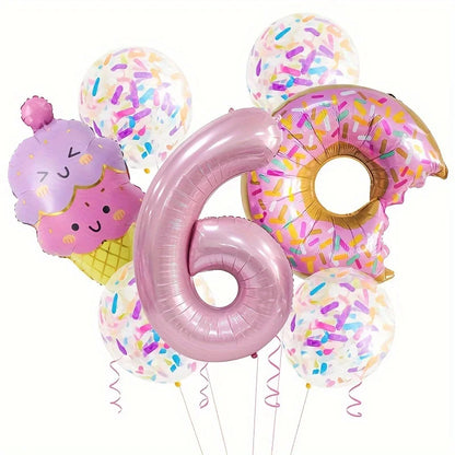 7-Piece Set of Cute Pink Donut Candy Foil Balloons 40inch Ice Cream Themed Birthday Party Scene Decoration Photo Props Indoor and Outdoor Decoration Cool Summer Gifts Anniversary Supplies, Halloween Decorations, Christmas Dec