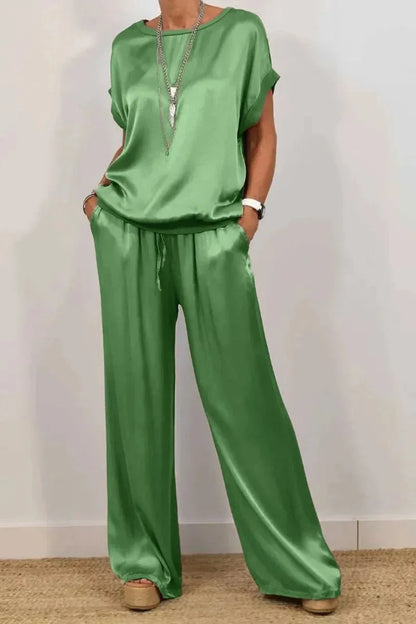 Simple Satin Women's Suits Summer Fashion Short sleeve Loose Blouse Wide Leg Pants Two Piece Set For Women Casual Outfits