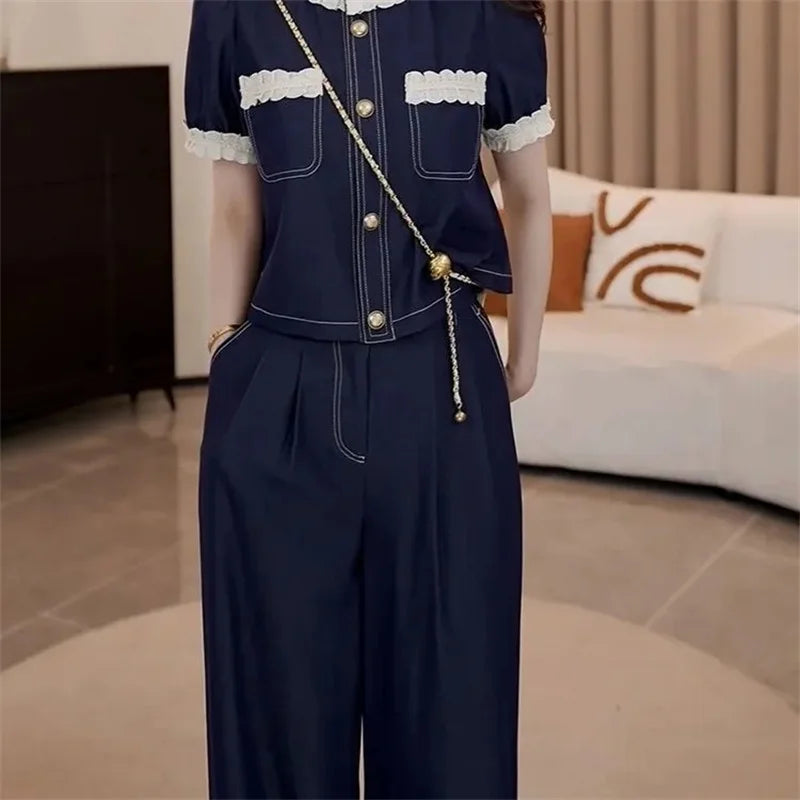 Spring Summer Ladies Short Sleeve Pants 2PCS 2026 Female Tops Pantalons Two-piece Suit Korean Women Fashion Round Neck Trousers