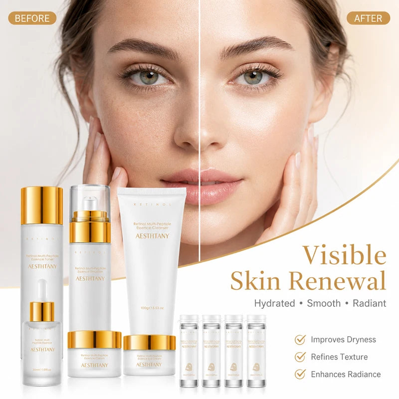 7PCS Retinol Multi-Peptide Skincare Set Hydrating Face Care Routine Gift Box Toner Cleanser Essence Cream Mask for Smooth Glow