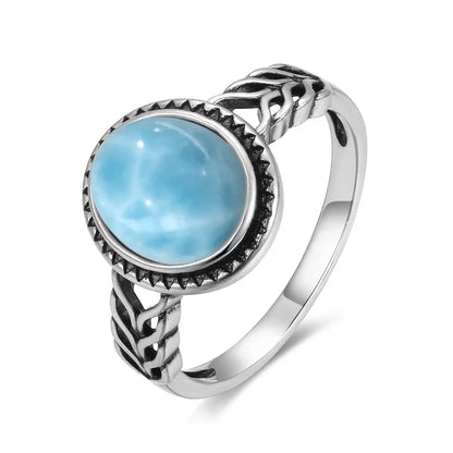 Vintage 925 Silver Ring Natural Larimar Stone Round Flower Shape Sky Blue Sea Water Ring Fine Jewelry Party Gifts For Women Men