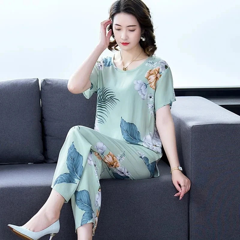 Cotton Silk Suit Summer Women's Sets New Casual Solid Color Short Sleeve Ankle-Length Pants 2 Piece Set Middle Age Mother Outfit