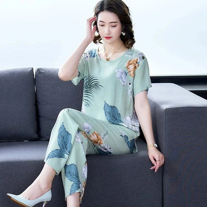 Cotton Silk Suit Summer Women's Sets New Casual Solid Color Short Sleeve Ankle-Length Pants 2 Piece Set Middle Age Mother Outfit