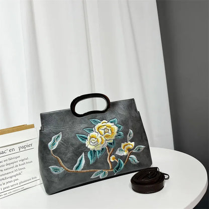 Elegant Women's Handbag Embroidered Peony Print Crossbody Bag Wear-Resistant Fashionable Daily Use Square Shape Zipper Closure