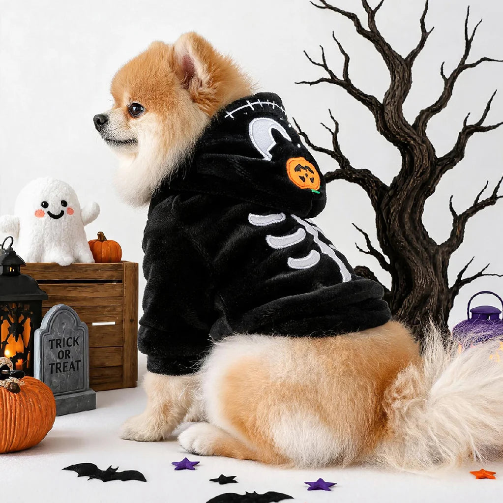 Halloween Pet Hoodie Fleece Dog Sweater Pumpkin Skeleton Cat Costume Warm Plush Coat for Small Medium Dogs Cats Puppy Winter