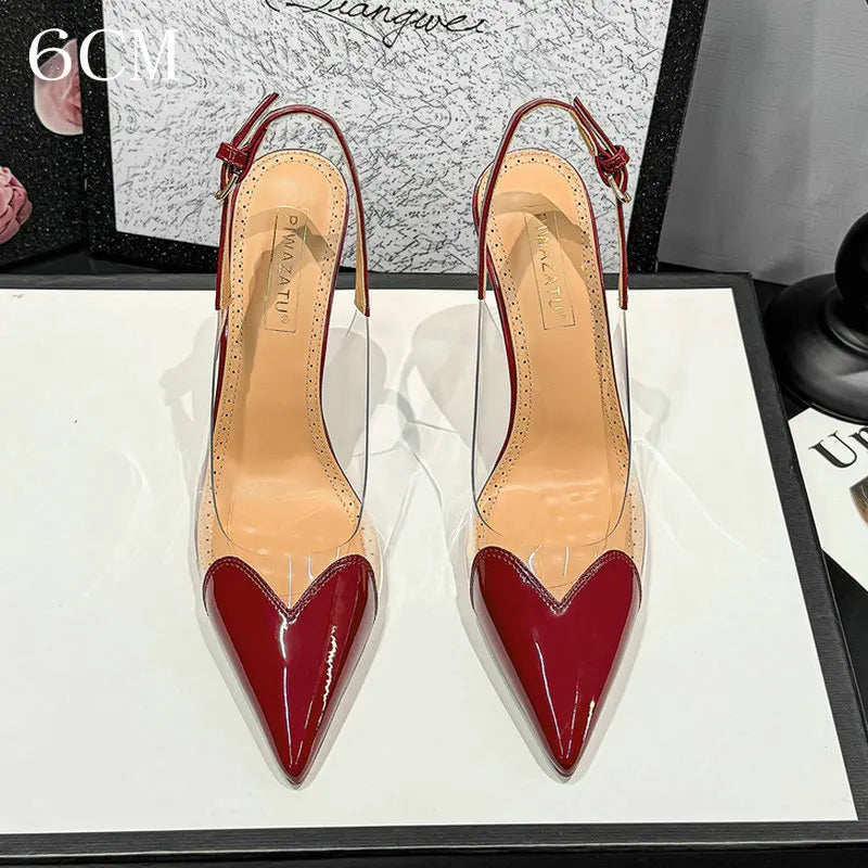 2026 Summer New Fairy-style Heart-shaped Pointed Toe Thin Heel Sandals for Women Transparent Patchwork Headpiece Back High Heels