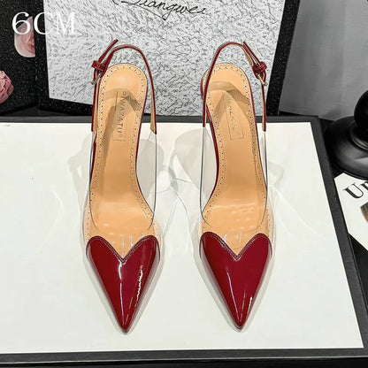 2026 Summer New Fairy-style Heart-shaped Pointed Toe Thin Heel Sandals for Women Transparent Patchwork Headpiece Back High Heels