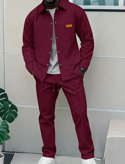 Spring and Autumn Men's High-Quality Waffle Pure Color Placket Pocket Jacket Set - A Stylish and Casual Two-Piece Outfit