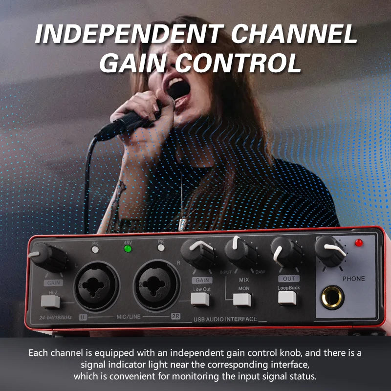 YAMNWEO MD21 Red USB Audio Interface Sound Card, 24Bit/192kHz Dual Channel Sound Card with Dual Inputs for Condenser Microphones & Guitars, Ideal for Live Streaming, Podcasting, Music Production and Live Performances