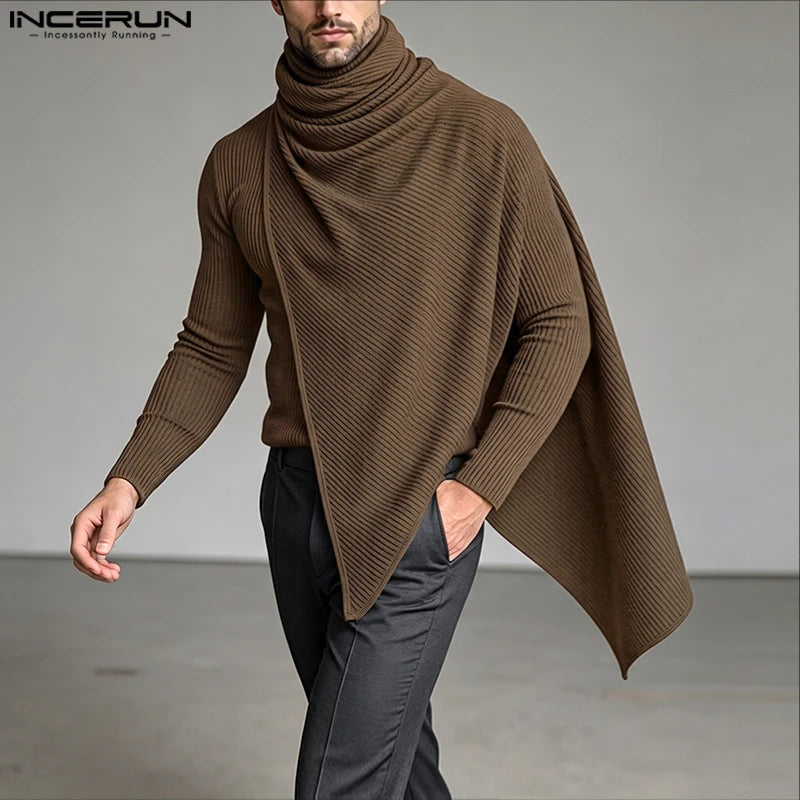 INCERUN Men's Pullovers Solid Turtleneck Long Sleeve Casual Irregular Tops Sweater For Man Streetwear Loose Fashion Men Clothes