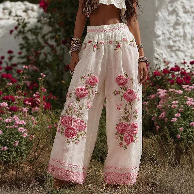 European and American Women's New Style Pants, Featuring Floral Print Pattern Elegant Temperament and Straight-cut Design Suitab