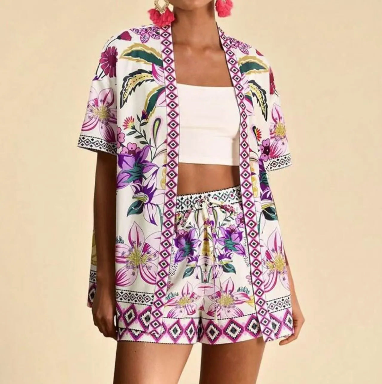 Summer Women's Suit With Shorts Printed Crop Top Short Pants Blue Patterned Set Green Floral Casual Shorts
