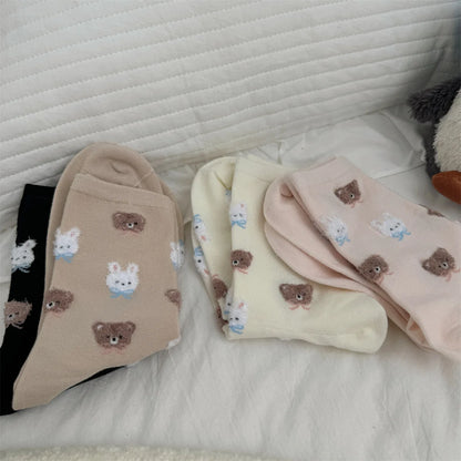 SP&CITY Cute Rabbit Bear Middle Socks for Women Trendy Casual Cartoon Cotton Socks College Style Sweet Girl Breathable Socks