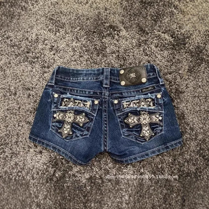 Street Y2K Spice Girl Vintage Low Waist Sequins Niche Design Slim Fit Washed Straight Jeans