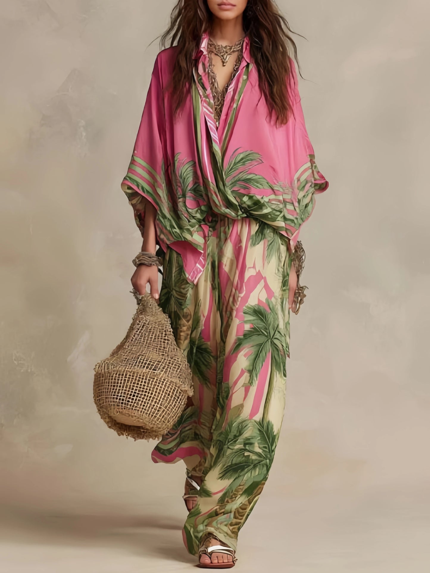 Fashion Color Print Two Piece Set Women Loose Batwing Sleeve Shirts Wide Legs Trousers 2 Piece Set Female Vacation Suits