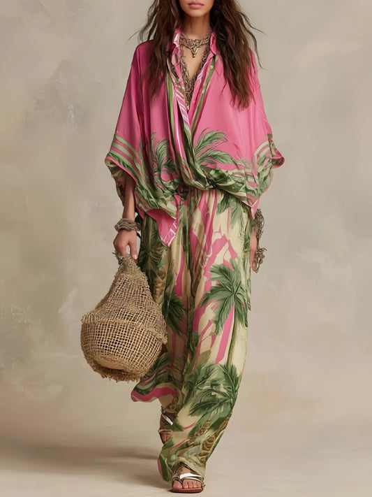 Fashion Color Print Two Piece Set Women Loose Batwing Sleeve Shirts Wide Legs Trousers 2 Piece Set Female Vacation Suits