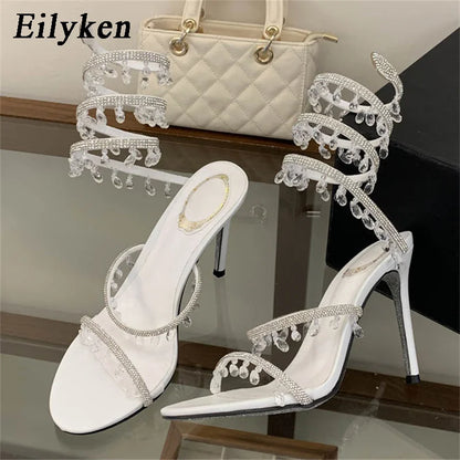 Eilyken Sexy Design Pendant Crystal Diamond Thin High Heels Women Sandals Street Style Ankle Strap Banquet Prom Shoes