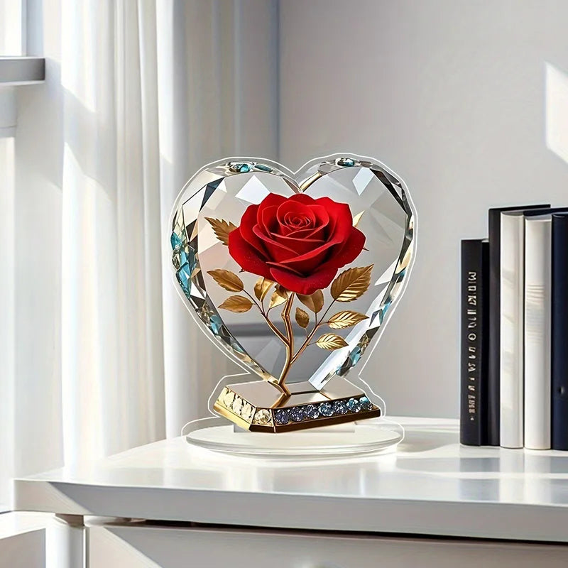 2D Acrylic Red Rose Ornament Mother's Day Gift Heart Shaped Desktop Decoration Ornaments Creative Birthday Valentine's Day Gift