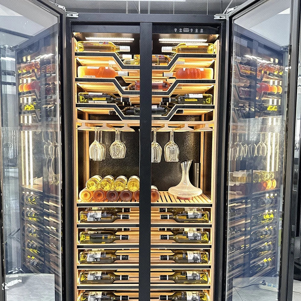 Two Tempered Glass Doors Battery-Powered Heating Function Electric Wine Cooler Cellar Fridge Luxury Beer Red Wine Hotel