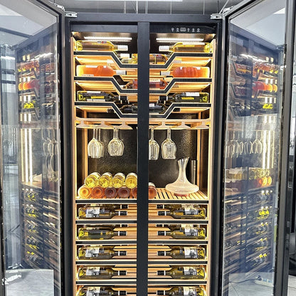 Two Tempered Glass Doors Battery-Powered Heating Function Electric Wine Cooler Cellar Fridge Luxury Beer Red Wine Hotel