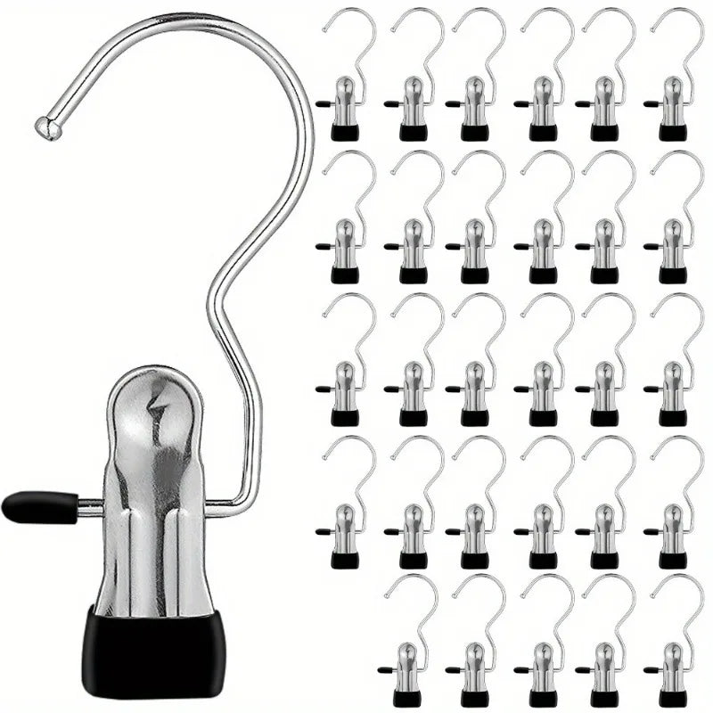Premium Stainless Steel Clothes Pegs with Hooks - Space-Saving Laundry Hangers for Pants, Towels & Closet Organization