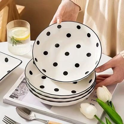 4Pcs Black Polka Dot Ceramic Plates Set,  Microwave Dishwasher Safe for Salad, Pasta, Dessert, Home Kitchen Tableware