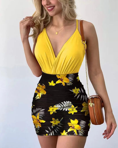 2025 Women'Camisole Vest+Shorts 2-Piece Sets 2025 Summer Sexy Slim Female V-neck Plant Print Short Pants Suits With Belt S-XXL